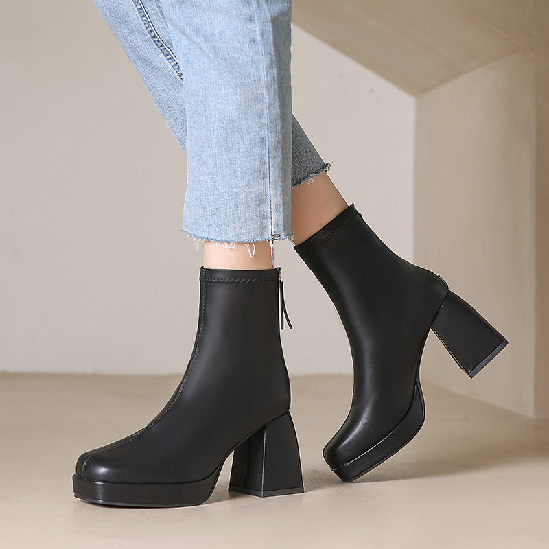 Square Head Thick Heel Back Zipper High Heel Boots